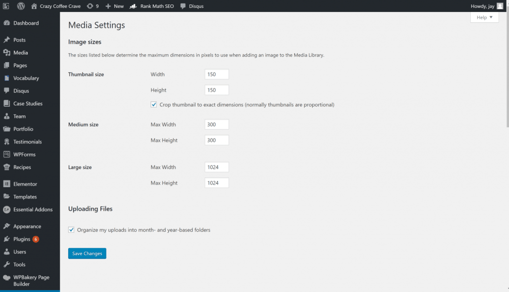 WordPress media settings